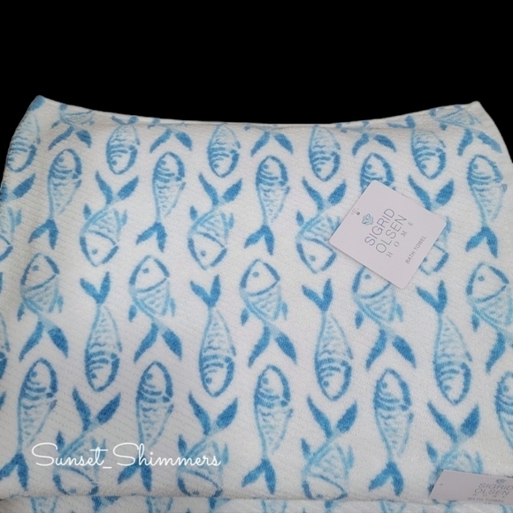 6pc Sigrid Olsen Coastal Nautical Skool Blue Fish Bath Hand Tip Towel Set Cotton - Picture 3 of 8